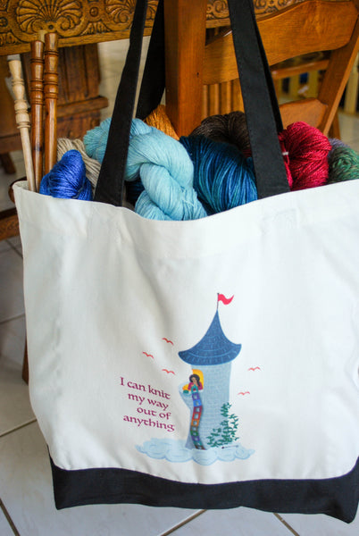 Rapunzel Knits Tote Bag - "I can knit my way out of anything" - for knitters