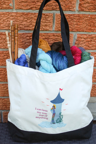 Rapunzel Knits Tote Bag - "I can knit my way out of anything" - for knitters