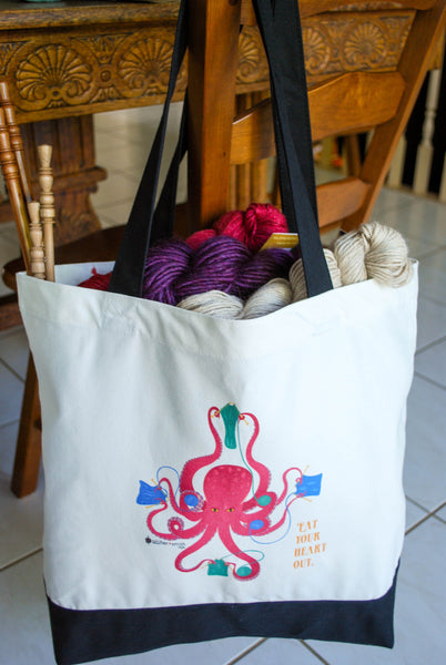 Octopus Knitting Tote Bag - "Eat your heart out" - for knitters