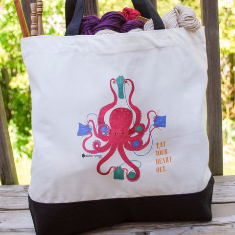 Octopus Knitting Tote Bag - "Eat your heart out" - for knitters