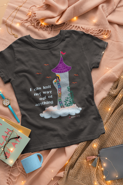 Rapunzel Knits T-shirt - "I can knit my way out of anything" - for knitters